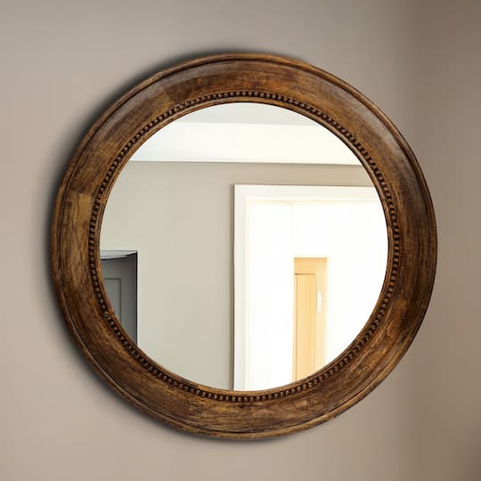 Round Carved Wood Framed Wall Mirror with Hobnail Detail, Walnut